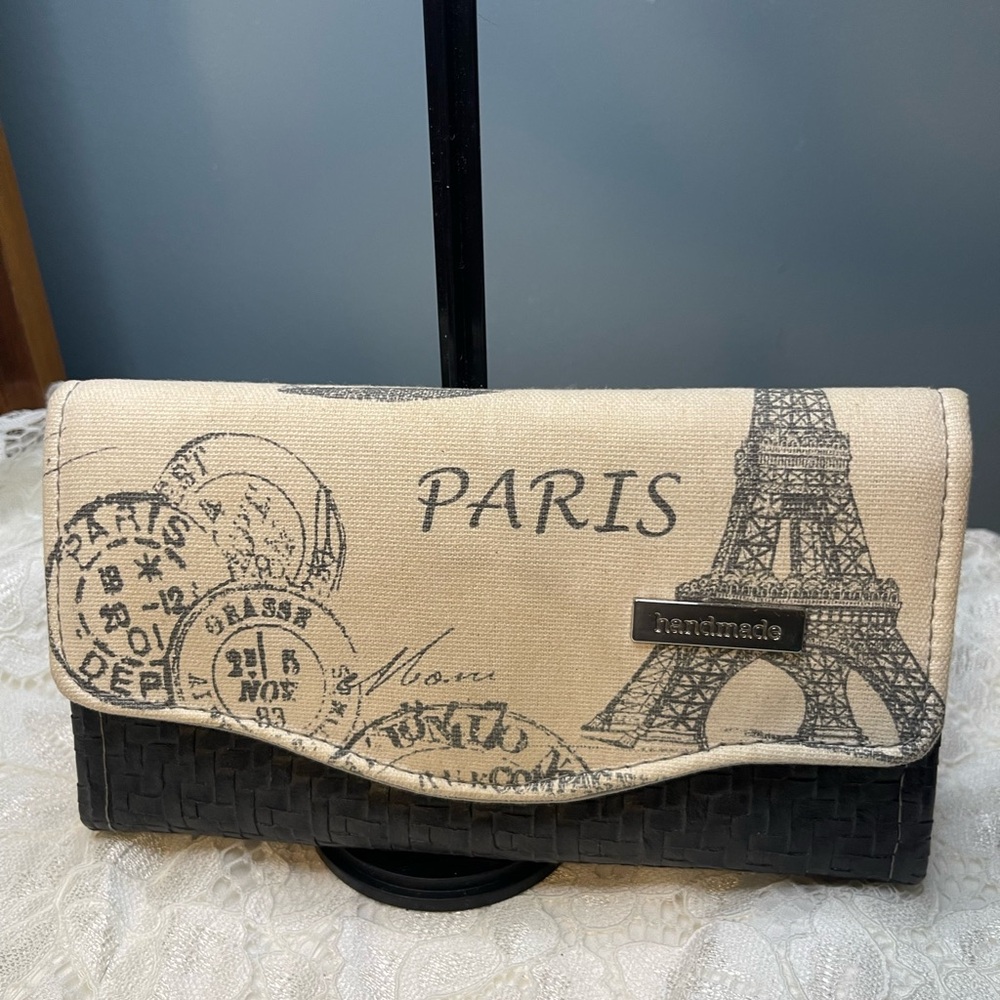 Paris Print Beige and Black Fold-Over Clutch by